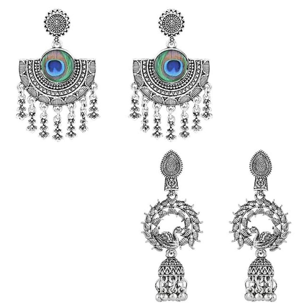 Oxidised Jewellery Silver Earrings Plated Green Emerald Stones ER20454 |  JewelSmart.in